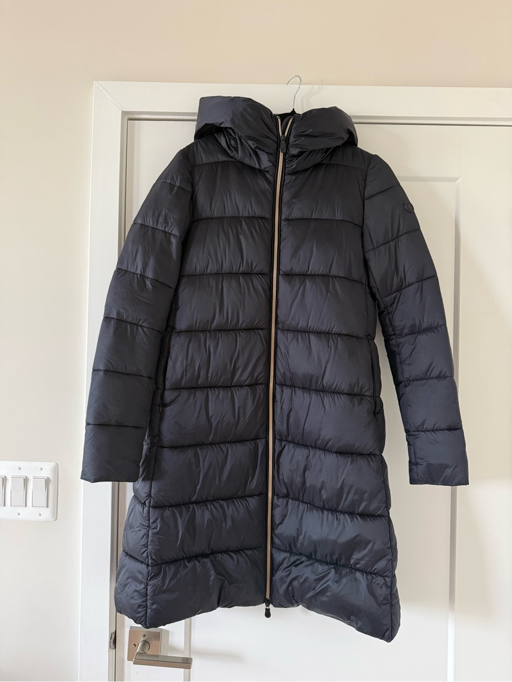 SAVE THE DUCK Women's Long Hooded Puffer Coat in Charcoal